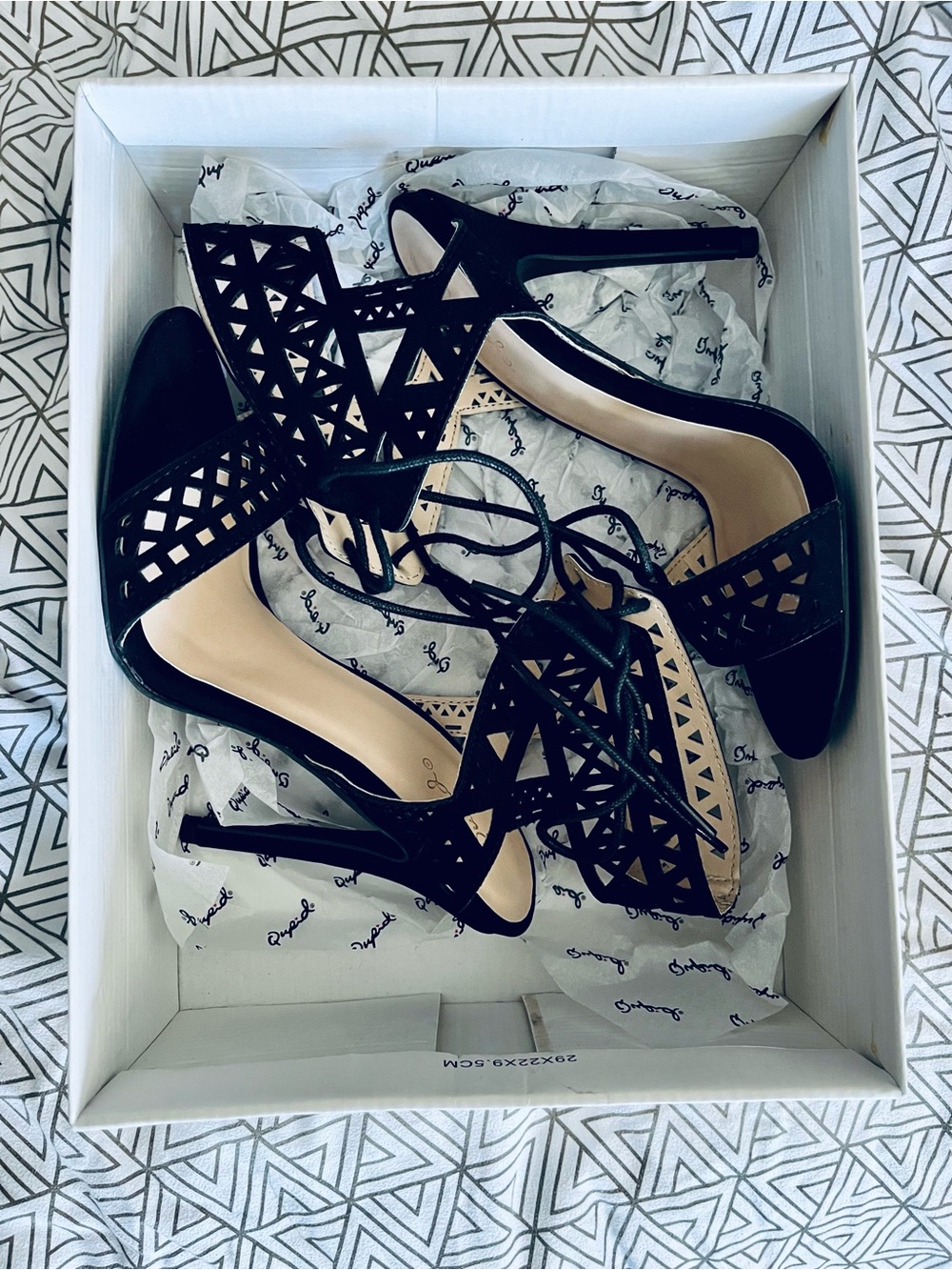 Qupid Black Laser-Cut Lace-Up High Heel Sandals